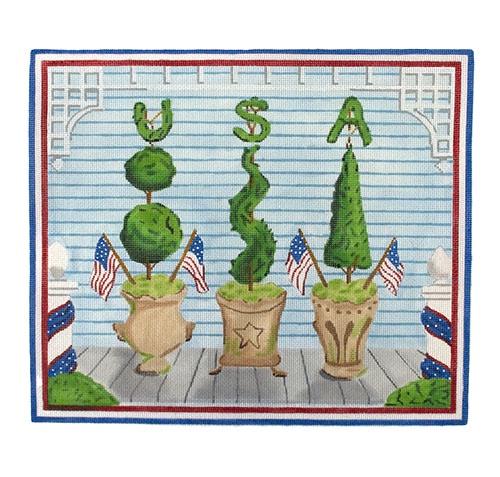 American Front Porch w/ USA Topiaries - Summer Painted Canvas Kate Dickerson Needlepoint Collections 