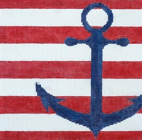 Anchor Stencil Red and White Stripe Painted Canvas Two Sisters Needlepoint 