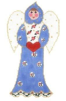 Angel / Heart   Light Blue on 13 Painted Canvas Cooper Oaks Design 
