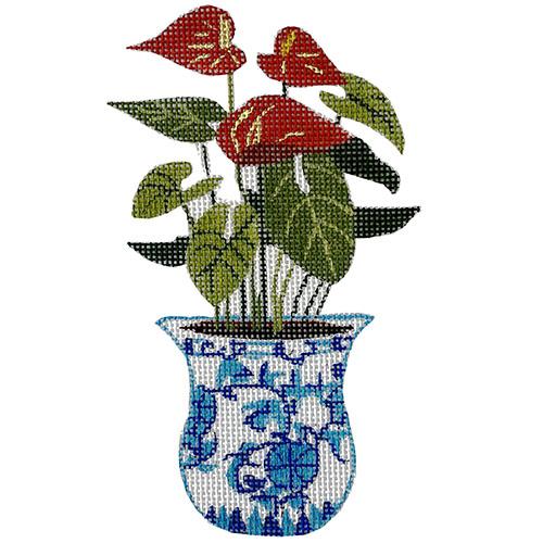 Anthurium in Blue Ceramic Pot Painted Canvas All About Stitching/The Collection Design 