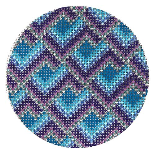 Aqua & Purple Bargello Geometric Round #26 Painted Canvas Danji Designs 