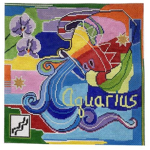 Aquarius Zodiac Square Painted Canvas Doolittle Stitchery  - 1