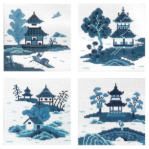 Asian Islands Blue & White Coasters Set of 4 Painted Canvas Susan Roberts Needlepoint Designs Inc. 
