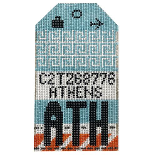 Athens ATH Vintage Travel Tag Painted Canvas Hedgehog Needlepoint 