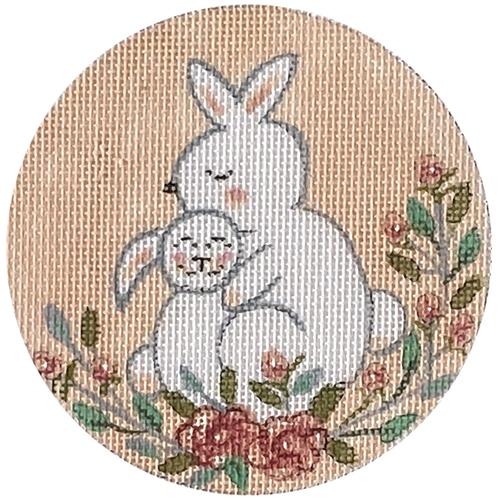 Baby Bunny & Mother Round Painted Canvas Alice Peterson Company  - 1