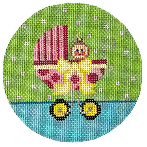 Baby in Pink Carriage Round Painted Canvas The Meredith Collection  - 1