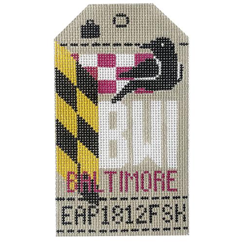 Baltimore BWI Vintage Travel Tag Painted Canvas Hedgehog Needlepoint 
