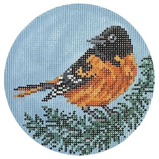 Baltimore Oriole Round Painted Canvas Needle Crossings 
