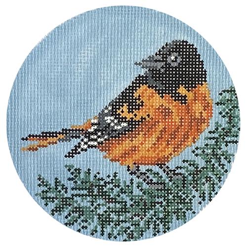 Baltimore Oriole Round Painted Canvas Needle Crossings 
