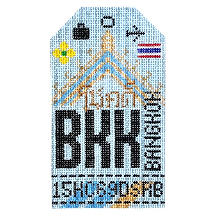 Bangkok BKK Retro Travel Tag Painted Canvas Hedgehog Needlepoint  - 1