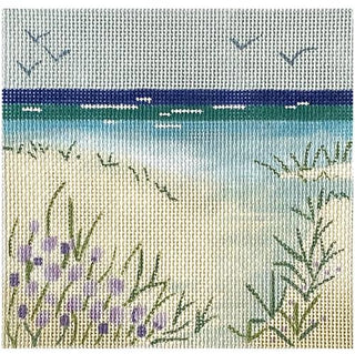 Beach View with Purple Flowers on 18 Painted Canvas Julie Mar Needlepoint Designs 
