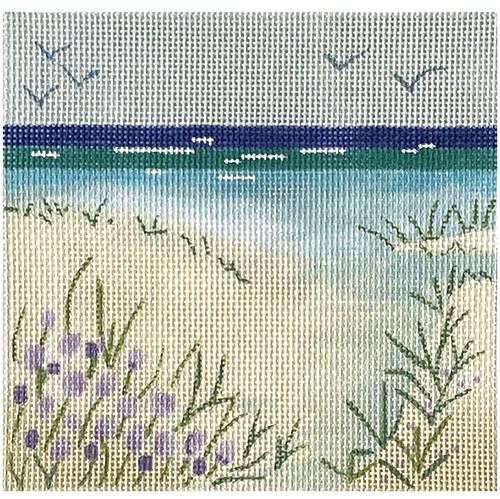 Beach View with Purple Flowers on 18 Painted Canvas Julie Mar Needlepoint Designs 