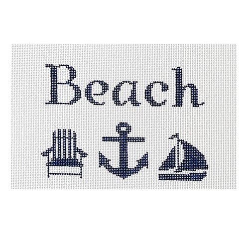 Beach with Adirondack Chair, Anchor, Sailboat - Navy on White Painted Canvas Kristine Kingston 
