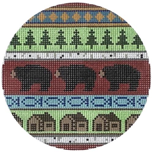 Bear and Cabins Ornament Painted Canvas Silver Needle 