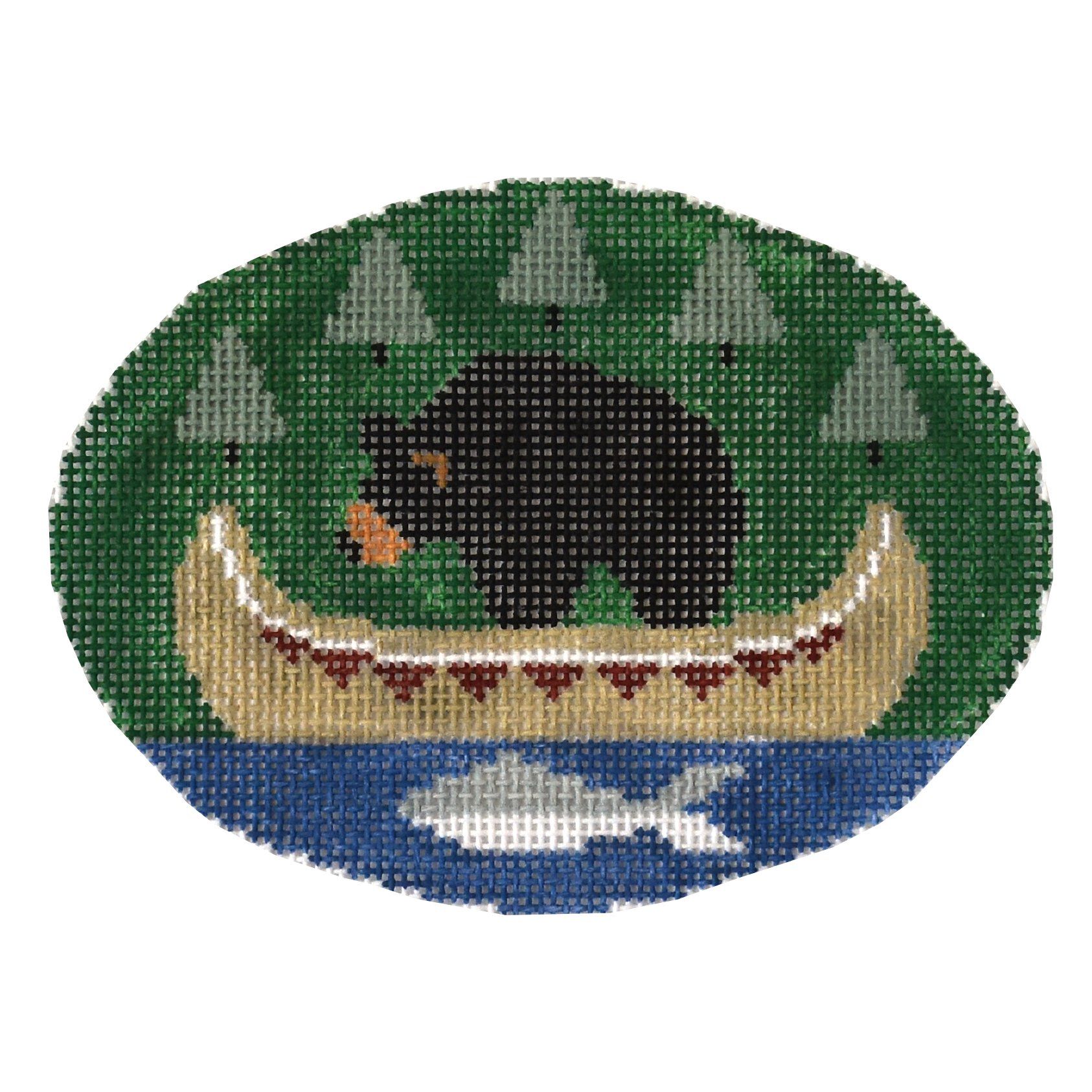 Bear with Indian Canoe Oval Painted Canvas Kathy Schenkel Designs 