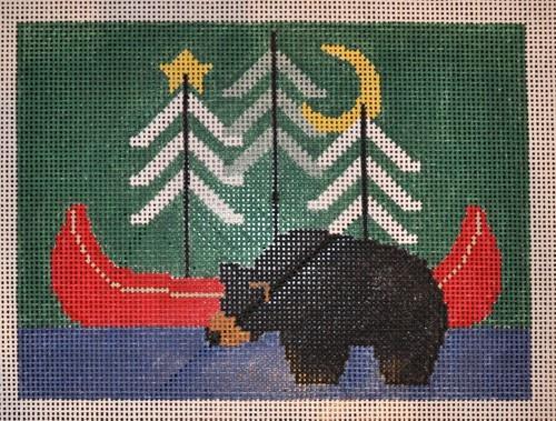 Bear with Red Canoe Pillow Painted Canvas Kathy Schenkel Designs 