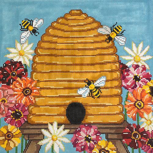 Bee Skep with Zinnias Painted Canvas The Meredith Collection 