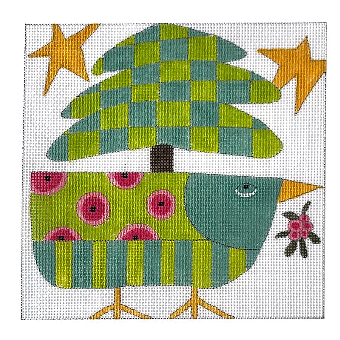 Bird with Christmas Tree Painted Canvas ditto! Needle Point Works 