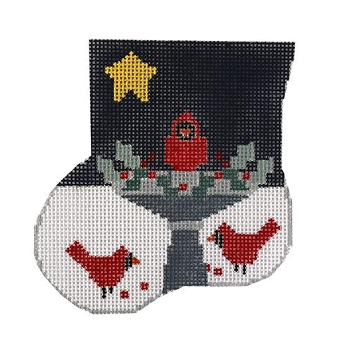 Birdbath with Cardinals Mini Sock Painted Canvas Kathy Schenkel Designs 