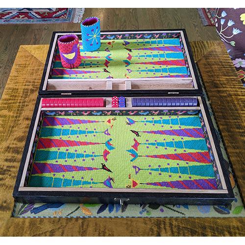 Birdie 3-Part Backgammon Set on 18 with Dice Cups, Dice & Game Pieces Painted Canvas Zecca 