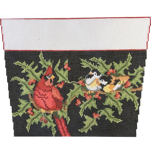 Birds on Holly Stocking Cuff #2 Painted Canvas NeedleDeeva  - 1
