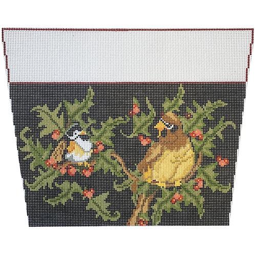 Birds on Holly Stocking Cuff Painted Canvas NeedleDeeva  - 1