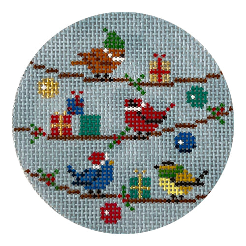 Birds with Christmas Gifts Round Painted Canvas Alice Peterson Company 
