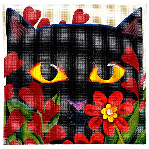 Black Cat with Flowers Painted Canvas PLD Designs  - 1