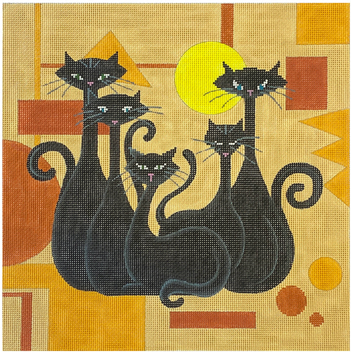 Black Cats on Orange Geometric Painted Canvas Patti Mann  - 1