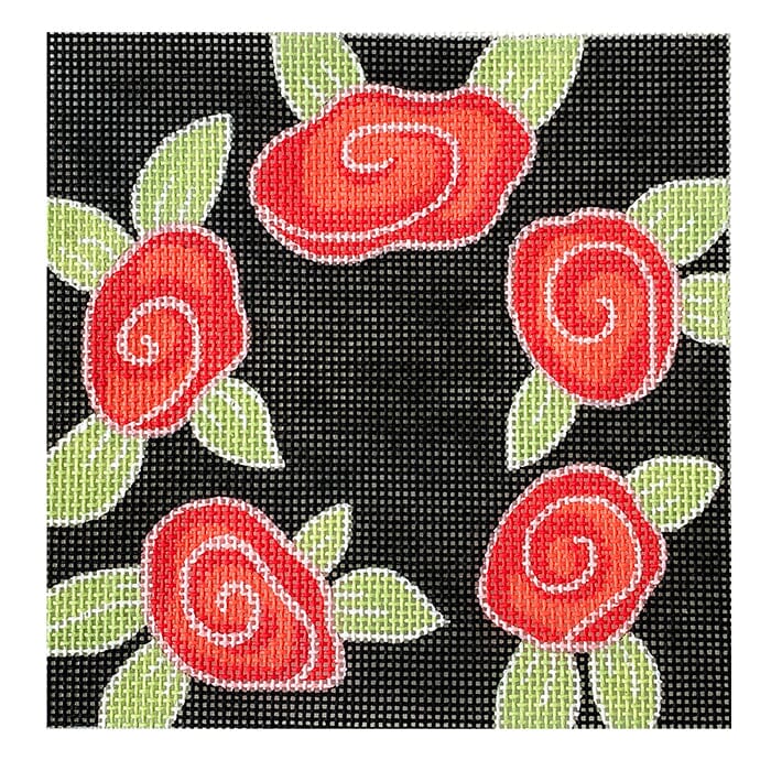 Black Flowers Painted Canvas ditto! Needle Point Works 