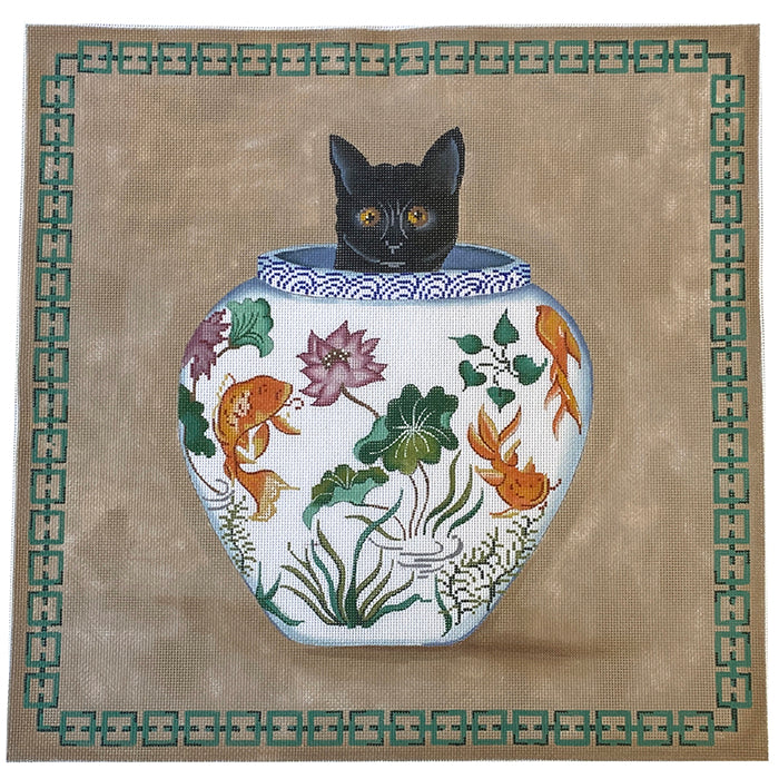 Black Kitty in Ginger Jar Painted Canvas Patti Mann 