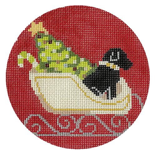 Black Lab in Sled with Tree Painted Canvas CBK Needlepoint Collections 