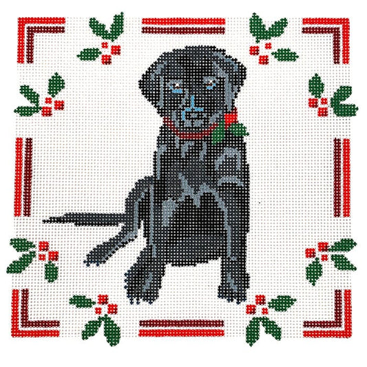 Black Lab Puppy with Holly Painted Canvas Blue Ridge Stitchery 