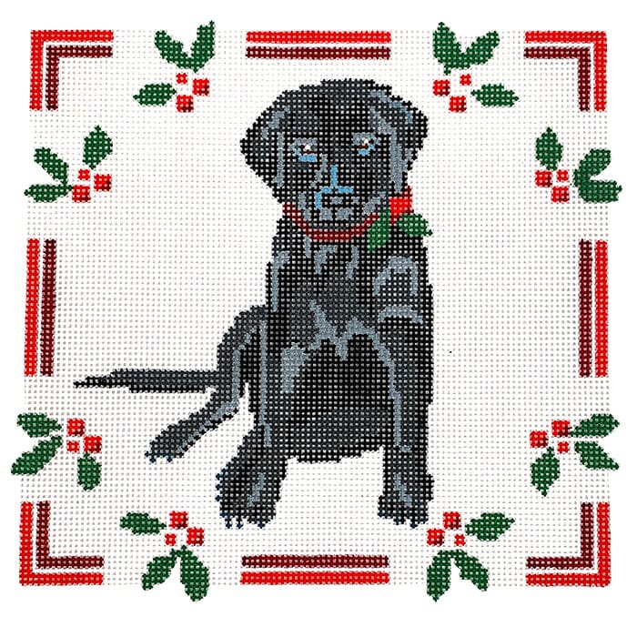 Black Lab Puppy with Holly Painted Canvas Blue Ridge Stitchery 
