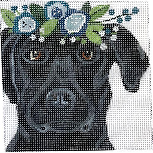 Black Lab with Blue Floral Crown 4" Square Painted Canvas Melissa Prince Designs  - 1