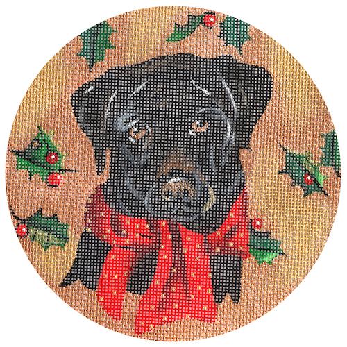 Black Lab with Holly Ornament Painted Canvas The Meredith Collection 
