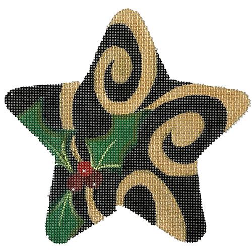 Black Star with Holly Swirls Painted Canvas Raymond Crawford Designs 