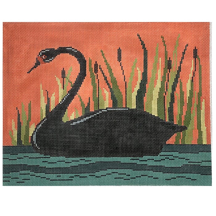 Black Swan in Reeds Painted Canvas Cooper Oaks Design  - 1