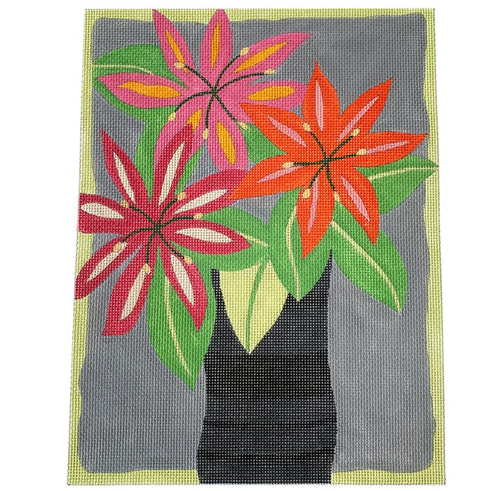 Black Vase with Flowers Painted Canvas ditto! Needle Point Works  - 1
