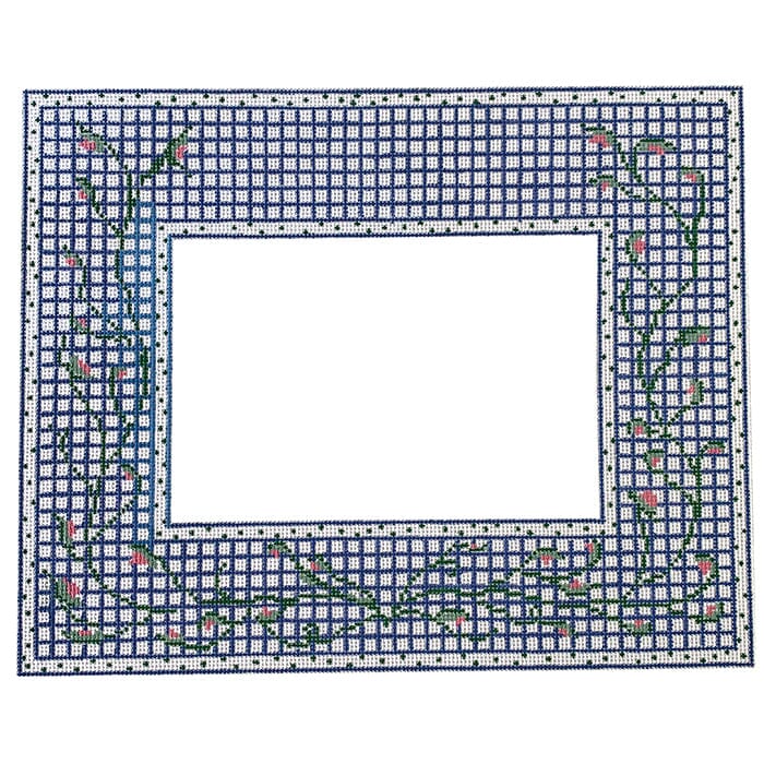 Blue and White Check Frame with Vine Painted Canvas Tina Griffin Designs 