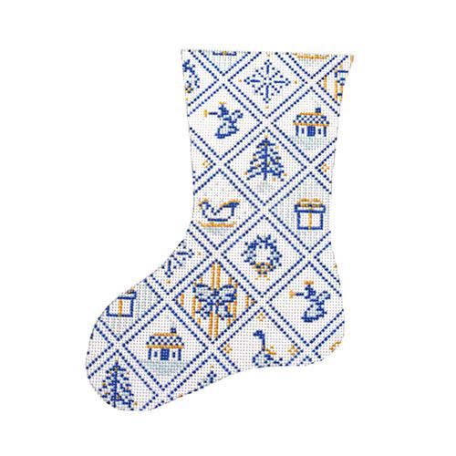 Blue and White Mini Sock Painted Canvas The Plum Stitchery  - 1