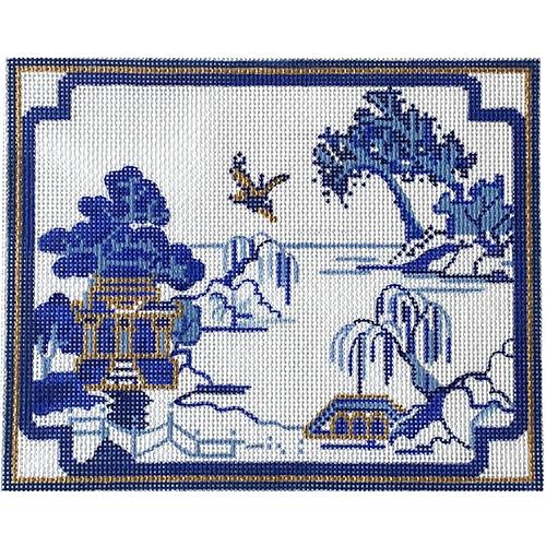 Blue Asian Toile with Border Painted Canvas All About Stitching/The Collection Design 