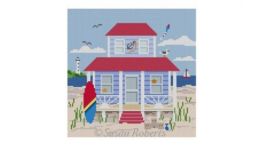 Blue Beach Cottage on 18 mesh Painted Canvas Susan Roberts Needlepoint Designs Inc. 