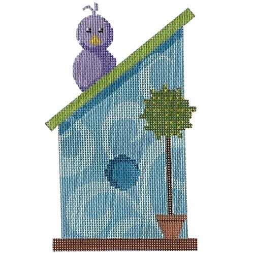 Blue Birdhouse with Purple Bird Painted Canvas Labors of Love Needlepoint 
