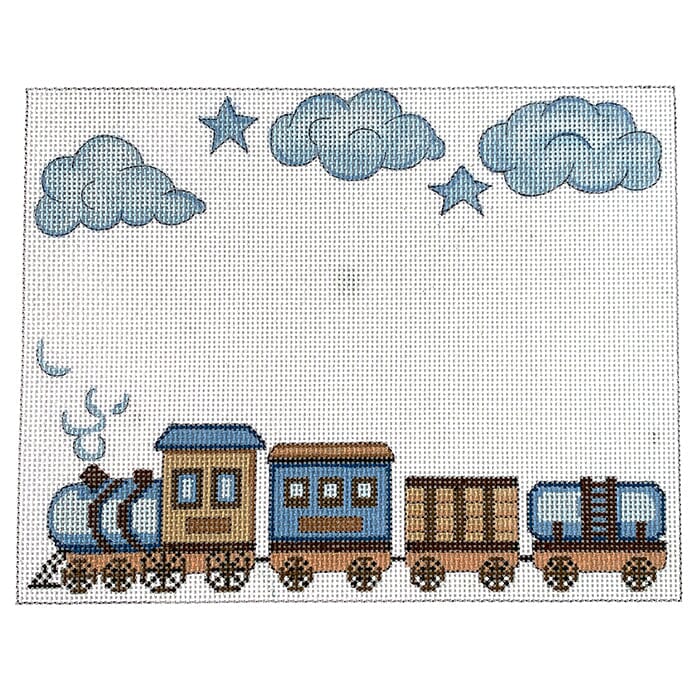 Blue Brown Train Birth Announcement Painted Canvas Alice Peterson Company 