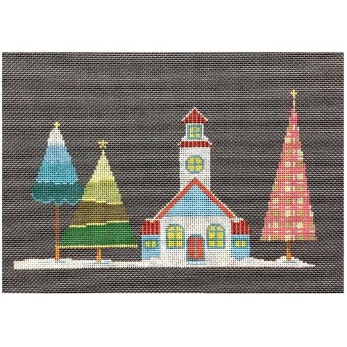 Blue Church with Stitch Guide Painted Canvas A Stitch in Time 