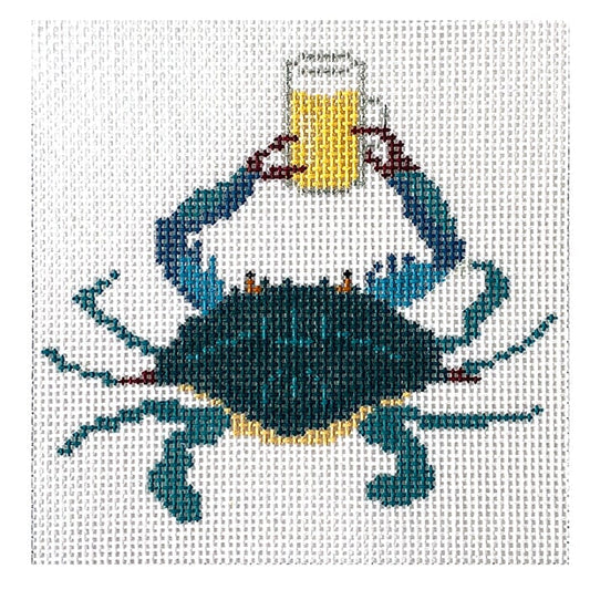 Blue Crab & Beer Coaster Painted Canvas Blue Ridge Stitchery 