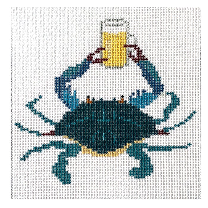 Blue Crab & Beer Coaster Painted Canvas Blue Ridge Stitchery 
