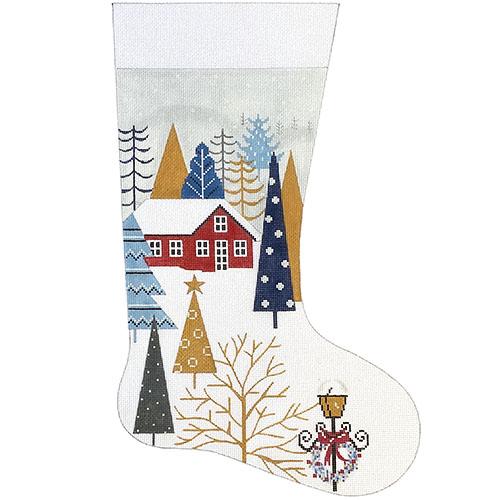 Blue & Gold Outdoor Winter Scene Stocking Painted Canvas Alice Peterson Company 