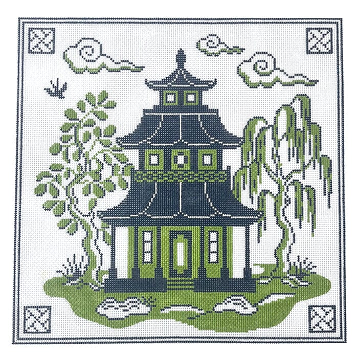 Blue & Green Pagoda Painted Canvas Alice Peterson Company 